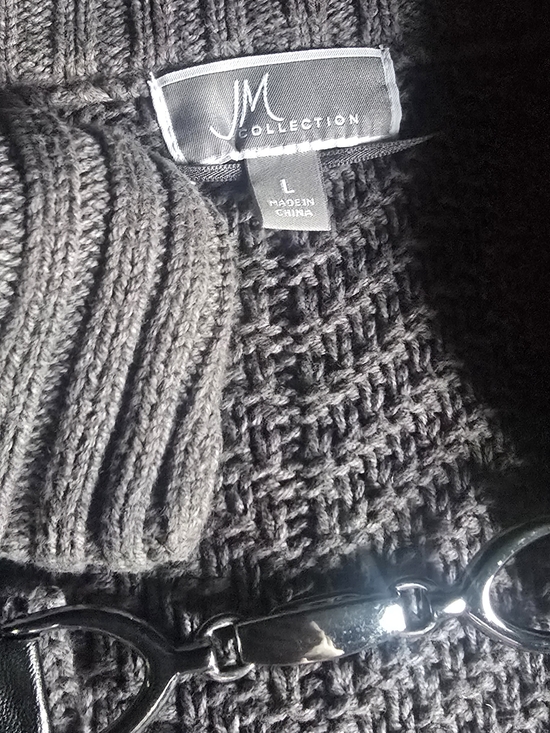 JM Collection Dark Gray Chunky Knit Cardigan with Shiny Metal Detail - Picture 2 of 2